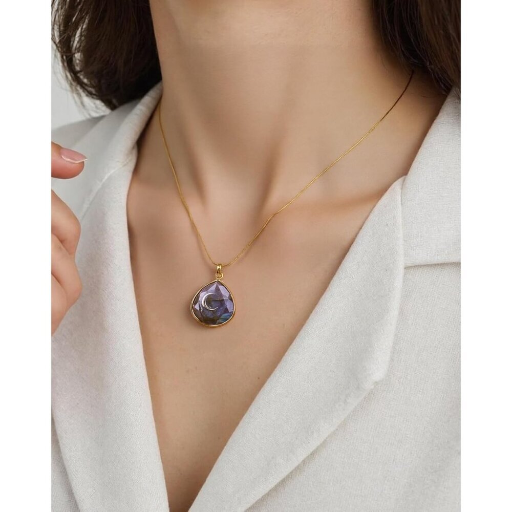 Gold Labradorite Crescent Moon Water Drop Pendant Necklace, Spiritual Jewelry - Picture 4 of 7